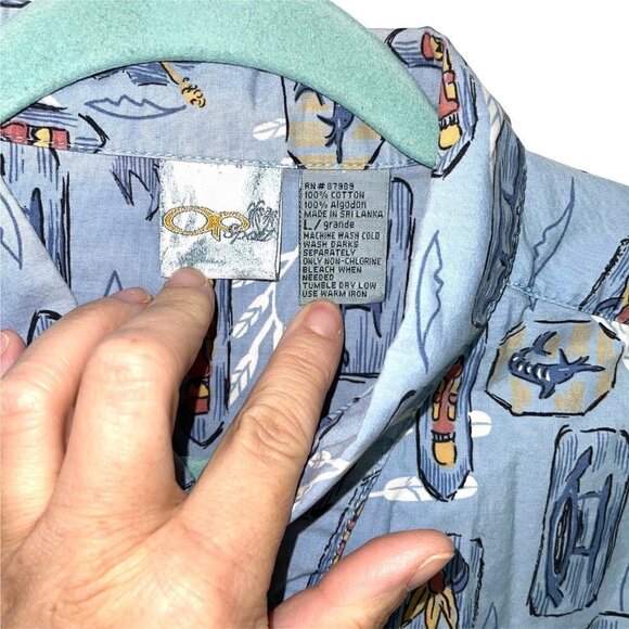 OP Sport Tiki Print Shirt Mens Size Large L Vintage Button Up Pure Cotton Blue - Picture 4 of 11